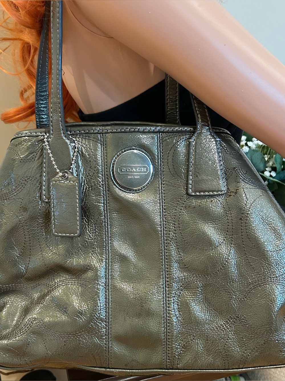 Coach Metallic Olive Green Leather Tote